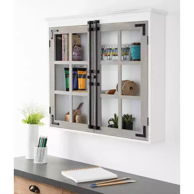 30" x 6.5" x 27.5" Hutchins Decorative Farmhouse Wood Wall Cabinet White/Gray
