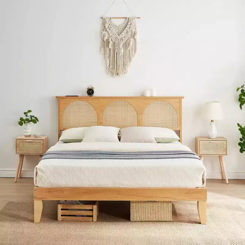 TROPOW Boho Rattan Bed Frame, Wooden Bed Platform with Storage, Smart RGB LED Natural Rattan Headboard, No Box Spring Needed, Under Bed Storage