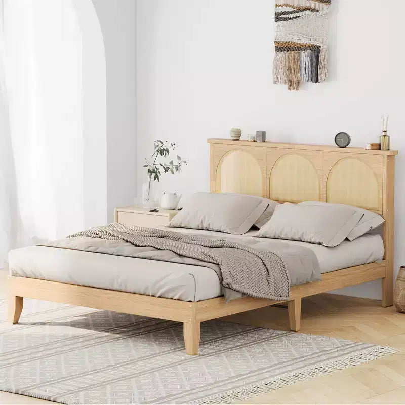 Boho Rattan Bed Frame, Wooden Bed Platform with Storage, Smart RGB LED Natural Rattan Headboard, No Box Spring Needed, Under Bed Storage