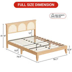 Boho Rattan Bed Frame, Wooden Bed Platform with Storage, Smart RGB LED Natural Rattan Headboard, No Box Spring Needed, Under Bed Storage