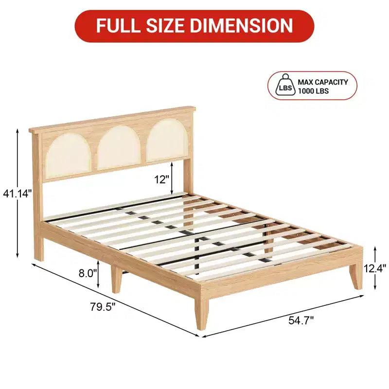 Boho Rattan Bed Frame, Wooden Bed Platform with Storage, Smart RGB LED Natural Rattan Headboard, No Box Spring Needed, Under Bed Storage