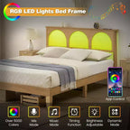 Boho Rattan Bed Frame, Wooden Bed Platform with Storage, Smart RGB LED Natural Rattan Headboard, No Box Spring Needed, Under Bed Storage
