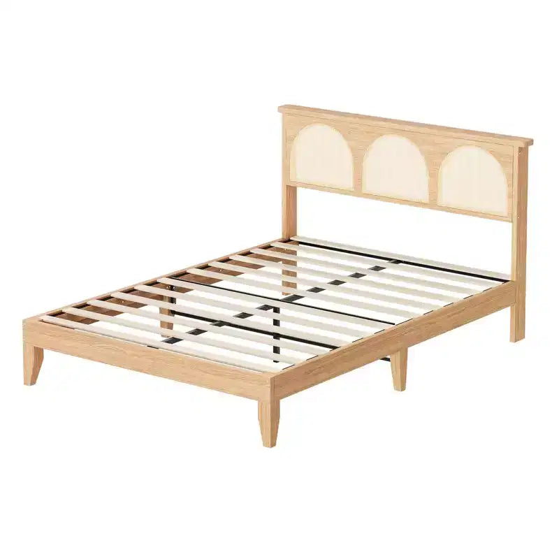 Boho Rattan Bed Frame, Wooden Bed Platform with Storage, Smart RGB LED Natural Rattan Headboard, No Box Spring Needed, Under Bed Storage