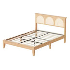 Boho Rattan Bed Frame, Wooden Bed Platform with Storage, Smart RGB LED Natural Rattan Headboard, No Box Spring Needed, Under Bed Storage