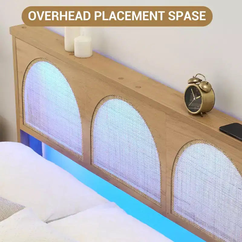 Boho Rattan Bed Frame, Wooden Bed Platform with Storage, Smart RGB LED Natural Rattan Headboard, No Box Spring Needed, Under Bed Storage