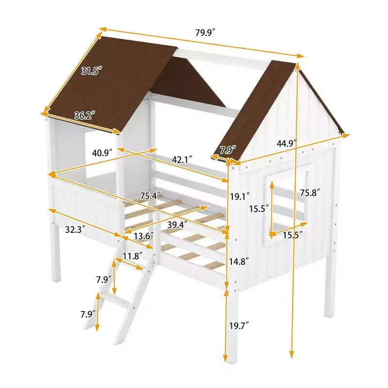 Twin Size Solid Wood House-Shaped Loft Bed with Ladder & Two Side Windows, Modern Bed Frame for Kids Room, Bedroom
