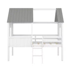 Twin Size Solid Wood House-Shaped Loft Bed with Ladder & Two Side Windows, Modern Bed Frame for Kids Room, Bedroom