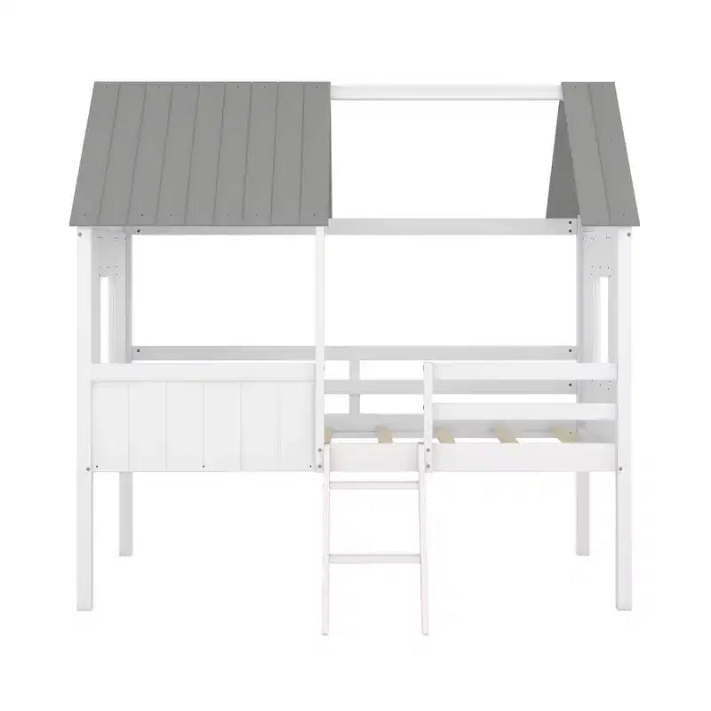 Twin Size Solid Wood House-Shaped Loft Bed with Ladder & Two Side Windows, Modern Bed Frame for Kids Room, Bedroom
