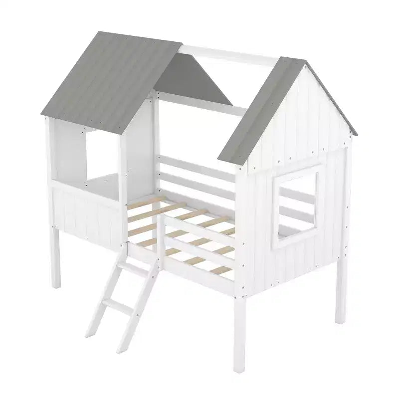 Twin Size Solid Wood House-Shaped Loft Bed with Ladder & Two Side Windows, Modern Bed Frame for Kids Room, Bedroom
