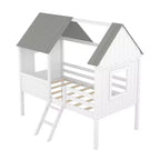 Twin Size Solid Wood House-Shaped Loft Bed with Ladder & Two Side Windows, Modern Bed Frame for Kids Room, Bedroom