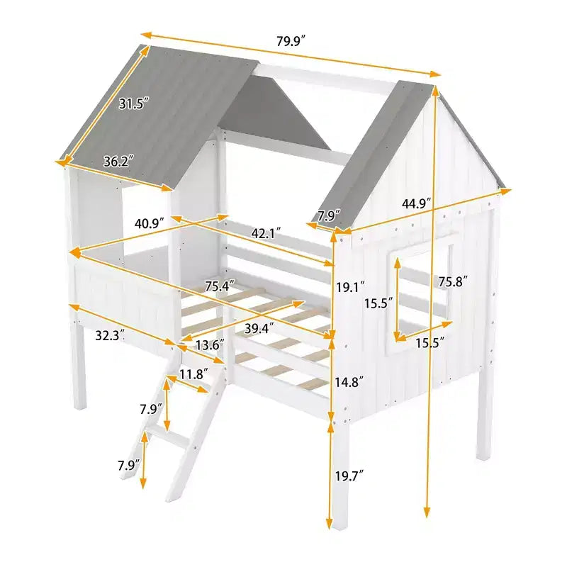 Twin Size Solid Wood House-Shaped Loft Bed with Ladder & Two Side Windows, Modern Bed Frame for Kids Room, Bedroom