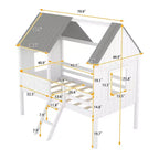 Twin Size Solid Wood House-Shaped Loft Bed with Ladder & Two Side Windows, Modern Bed Frame for Kids Room, Bedroom