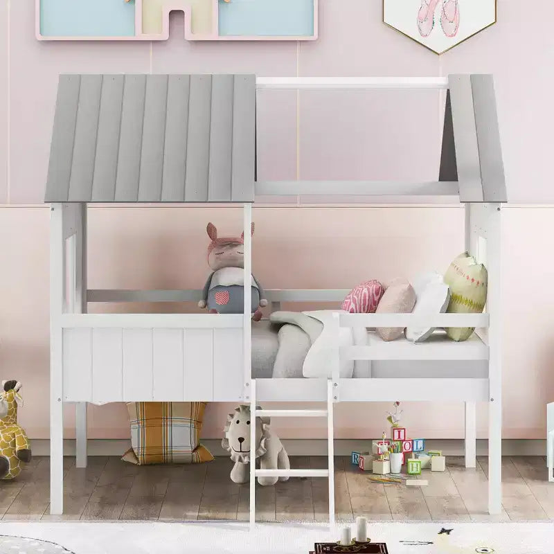 Twin Size Solid Wood House-Shaped Loft Bed with Ladder & Two Side Windows, Modern Bed Frame for Kids Room, Bedroom