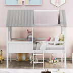 Twin Size Solid Wood House-Shaped Loft Bed with Ladder & Two Side Windows, Modern Bed Frame for Kids Room, Bedroom