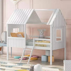 Twin Size Solid Wood House-Shaped Loft Bed with Ladder & Two Side Windows, Modern Bed Frame for Kids Room, Bedroom