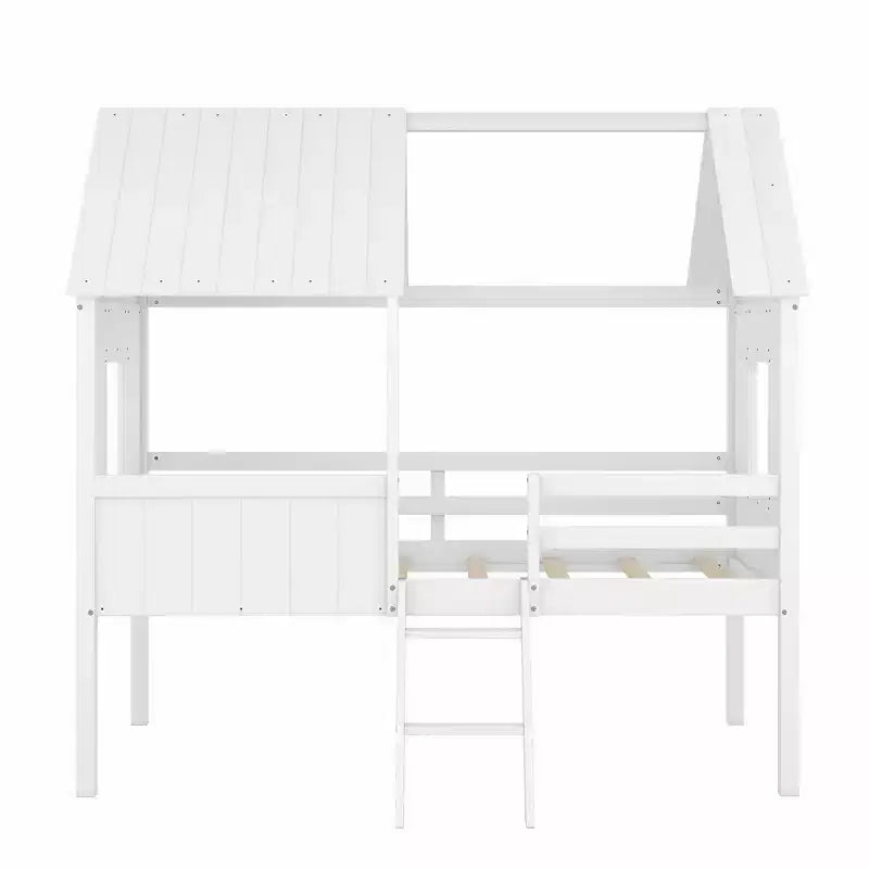 Twin Size Solid Wood House-Shaped Loft Bed with Ladder & Two Side Windows, Modern Bed Frame for Kids Room, Bedroom