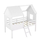Twin Size Solid Wood House-Shaped Loft Bed with Ladder & Two Side Windows, Modern Bed Frame for Kids Room, Bedroom