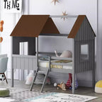 Twin Size Solid Wood House-Shaped Loft Bed with Ladder & Two Side Windows, Modern Bed Frame for Kids Room, Bedroom