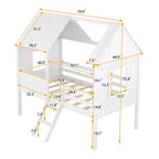 Twin Size Solid Wood House-Shaped Loft Bed with Ladder & Two Side Windows, Modern Bed Frame for Kids Room, Bedroom