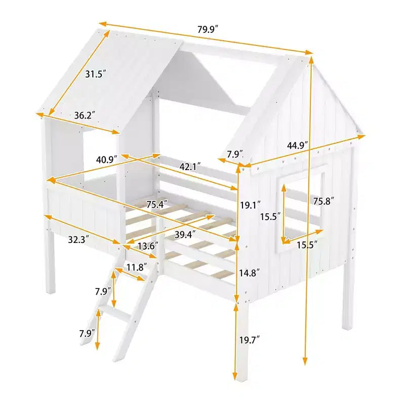 Twin Size Solid Wood House-Shaped Loft Bed with Ladder & Two Side Windows, Modern Bed Frame for Kids Room, Bedroom
