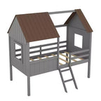 Twin Size Solid Wood House-Shaped Loft Bed with Ladder & Two Side Windows, Modern Bed Frame for Kids Room, Bedroom