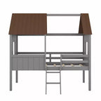 Twin Size Solid Wood House-Shaped Loft Bed with Ladder & Two Side Windows, Modern Bed Frame for Kids Room, Bedroom