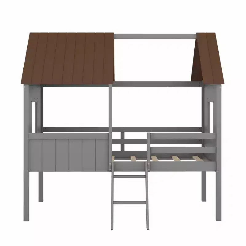 Twin Size Solid Wood House-Shaped Loft Bed with Ladder & Two Side Windows, Modern Bed Frame for Kids Room, Bedroom