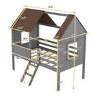 Twin Size Solid Wood House-Shaped Loft Bed with Ladder & Two Side Windows, Modern Bed Frame for Kids Room, Bedroom