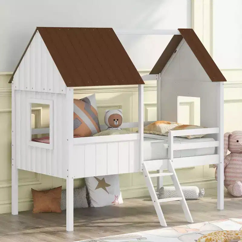 Twin Size Solid Wood House-Shaped Loft Bed with Ladder & Two Side Windows, Modern Bed Frame for Kids Room, Bedroom