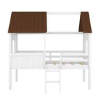 Twin Size Solid Wood House-Shaped Loft Bed with Ladder & Two Side Windows, Modern Bed Frame for Kids Room, Bedroom