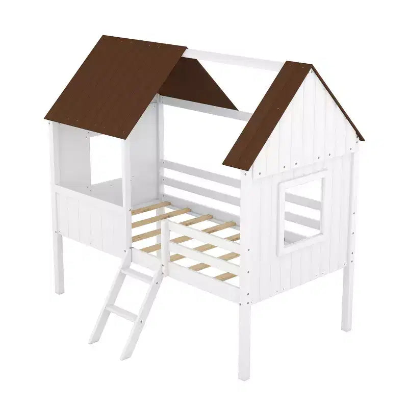 Twin Size Solid Wood House-Shaped Loft Bed with Ladder & Two Side Windows, Modern Bed Frame for Kids Room, Bedroom