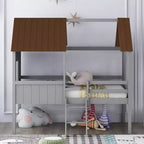 Okak Twin Size Solid Wood House-Shaped Loft Bed with Ladder & Two Side Windows,Modern Bed Frame for Kids Room,Bedroom