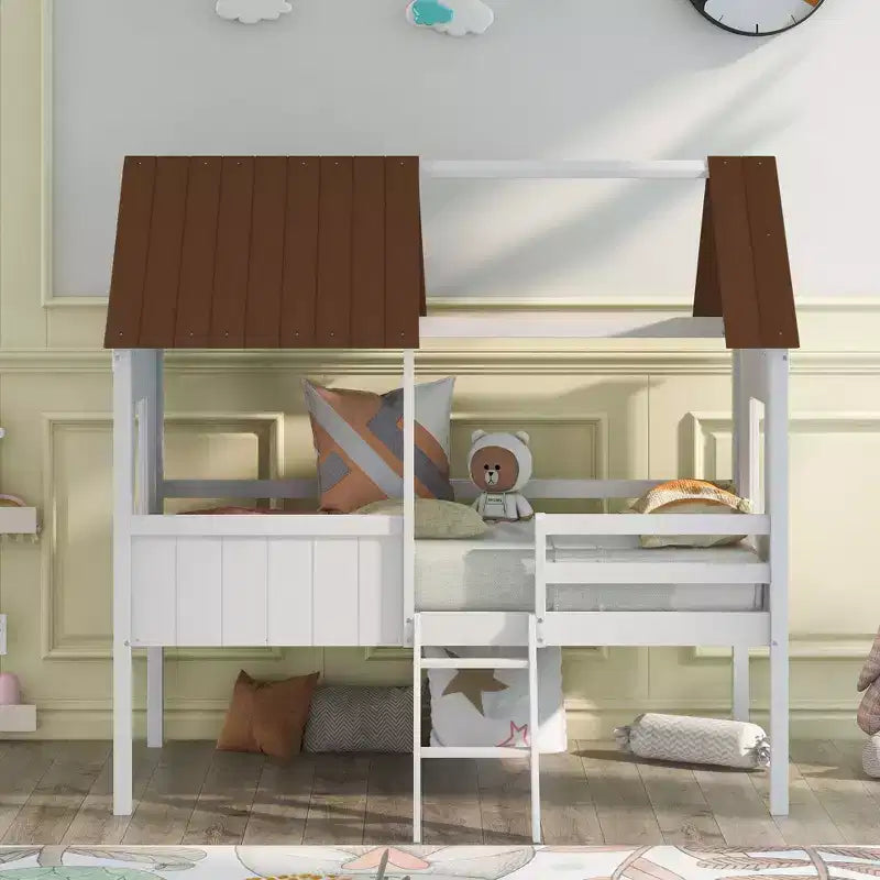 Twin Size Solid Wood House-Shaped Loft Bed with Ladder & Two Side Windows, Modern Bed Frame for Kids Room, Bedroom