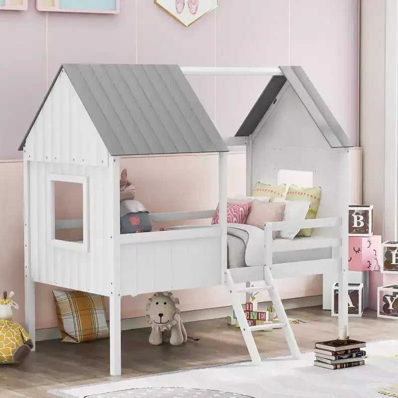 Twin Size Solid Wood House-Shaped Loft Bed with Ladder & Two Side Windows, Modern Bed Frame for Kids Room, Bedroom