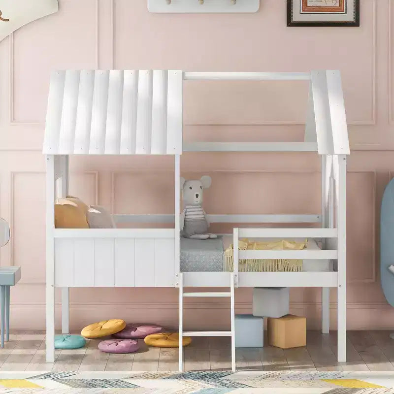 Twin Size Solid Wood House-Shaped Loft Bed with Ladder & Two Side Windows, Modern Bed Frame for Kids Room, Bedroom