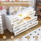 47 Rattan Wooden Dresser with 6 Drawers, Charging Station & LED Lights, Modern Dresser with Open Shelves for Bedroom & Living Room