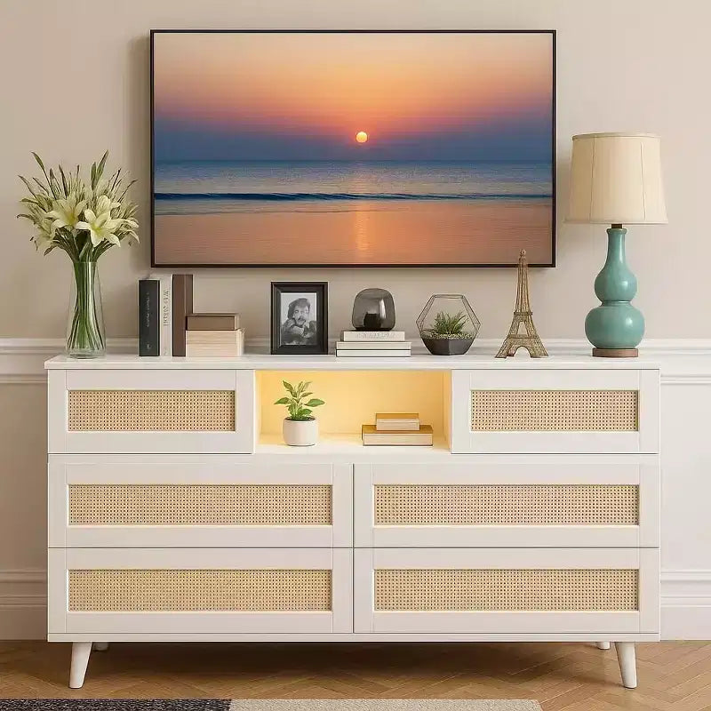 47 Rattan Wooden Dresser with 6 Drawers, Charging Station & LED Lights, Modern Dresser with Open Shelves for Bedroom & Living Room