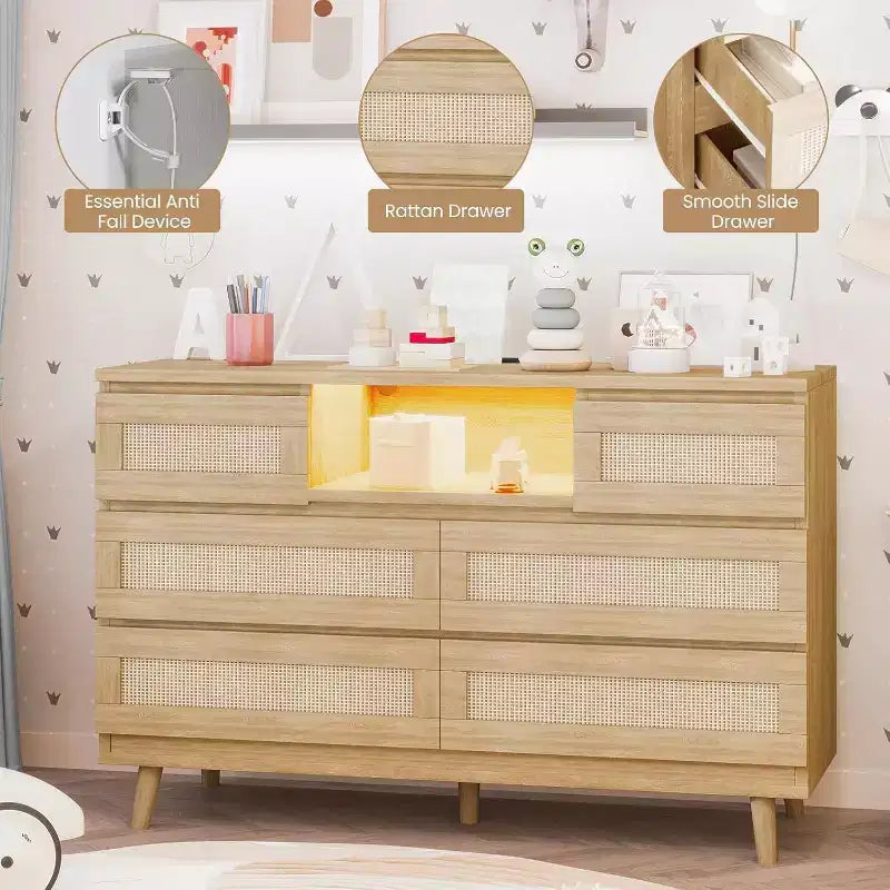 47 Rattan Wooden Dresser with 6 Drawers, Charging Station & LED Lights, Modern Dresser with Open Shelves for Bedroom & Living Room