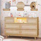 47 Rattan Wooden Dresser with 6 Drawers, Charging Station & LED Lights, Modern Dresser with Open Shelves for Bedroom & Living Room