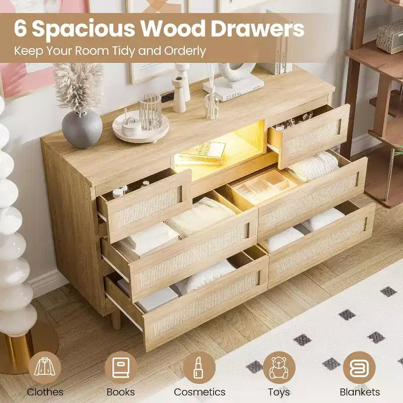 47 Rattan Wooden Dresser with 6 Drawers, Charging Station & LED Lights, Modern Dresser with Open Shelves for Bedroom & Living Room