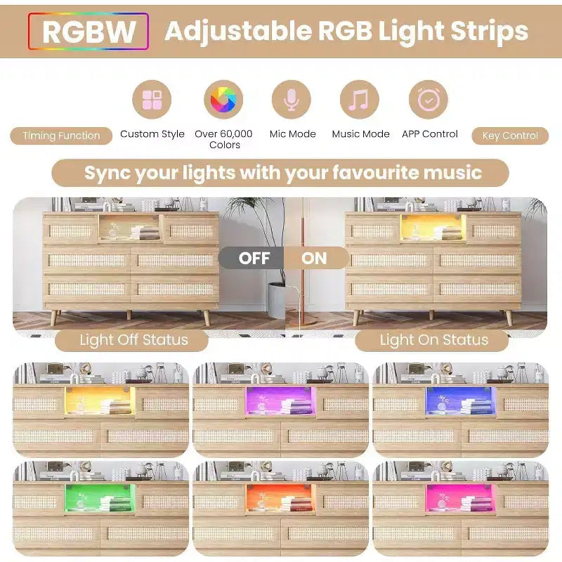 47 Rattan Wooden Dresser with 6 Drawers, Charging Station & LED Lights, Modern Dresser with Open Shelves for Bedroom & Living Room