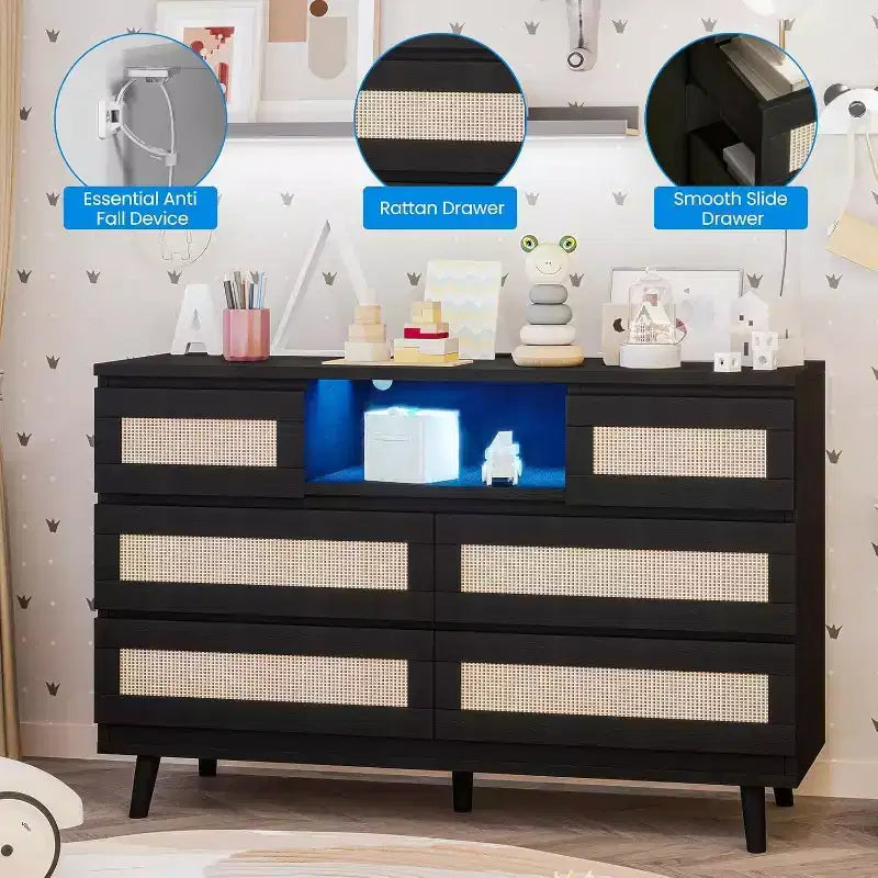 47 Rattan Wooden Dresser with 6 Drawers, Charging Station & LED Lights, Modern Dresser with Open Shelves for Bedroom & Living Room