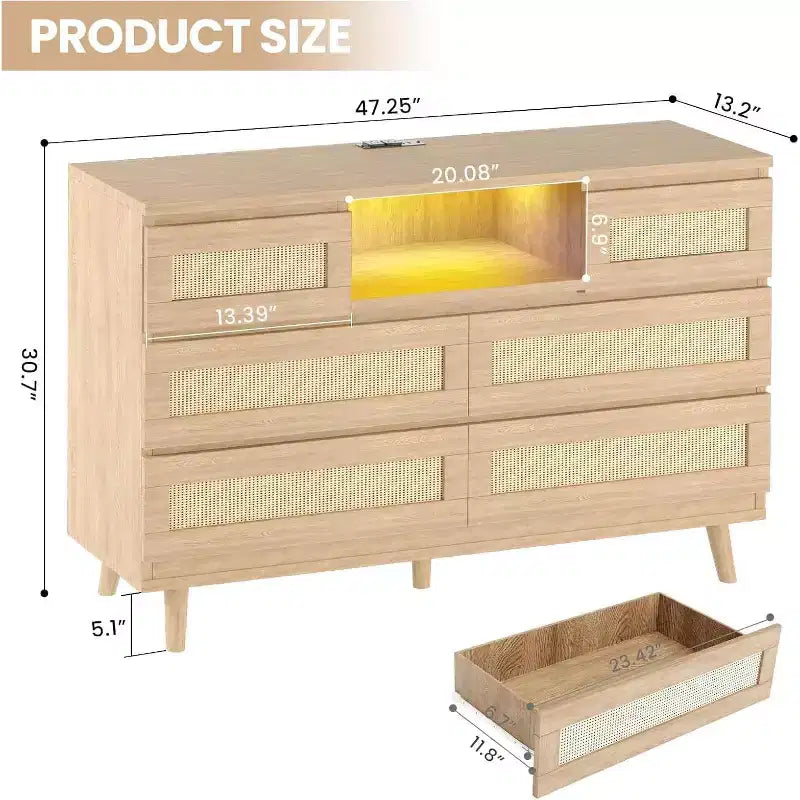47 Rattan Wooden Dresser with 6 Drawers, Charging Station & LED Lights, Modern Dresser with Open Shelves for Bedroom & Living Room