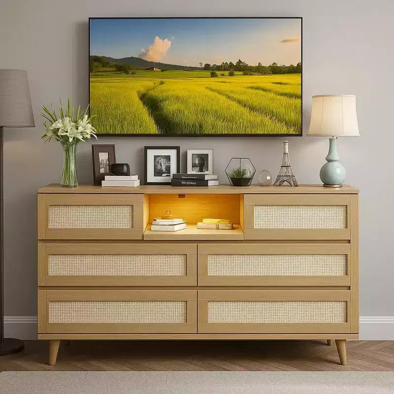 47 Rattan Wooden Dresser with 6 Drawers, Charging Station & LED Lights, Modern Dresser with Open Shelves for Bedroom & Living Room