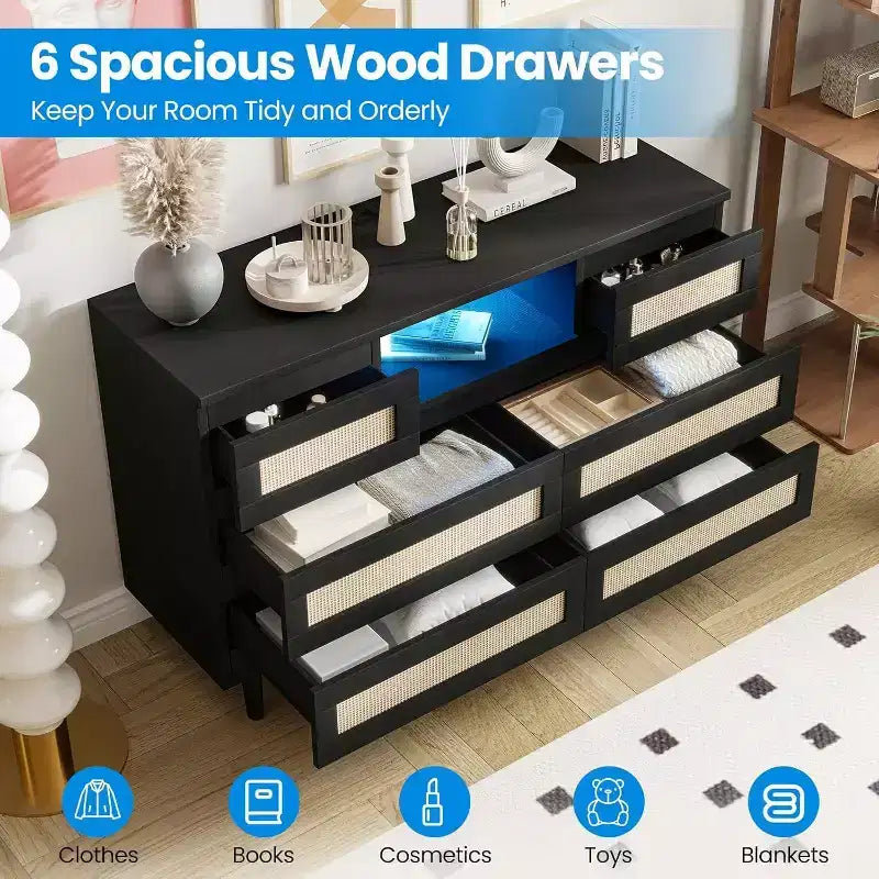47 Rattan Wooden Dresser with 6 Drawers, Charging Station & LED Lights, Modern Dresser with Open Shelves for Bedroom & Living Room