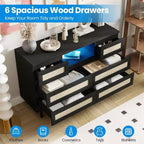 47 Rattan Wooden Dresser with 6 Drawers, Charging Station & LED Lights, Modern Dresser with Open Shelves for Bedroom & Living Room