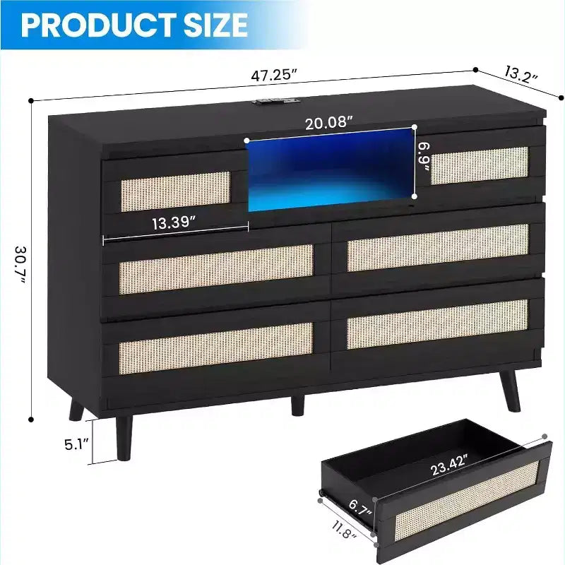 47 Rattan Wooden Dresser with 6 Drawers, Charging Station & LED Lights, Modern Dresser with Open Shelves for Bedroom & Living Room