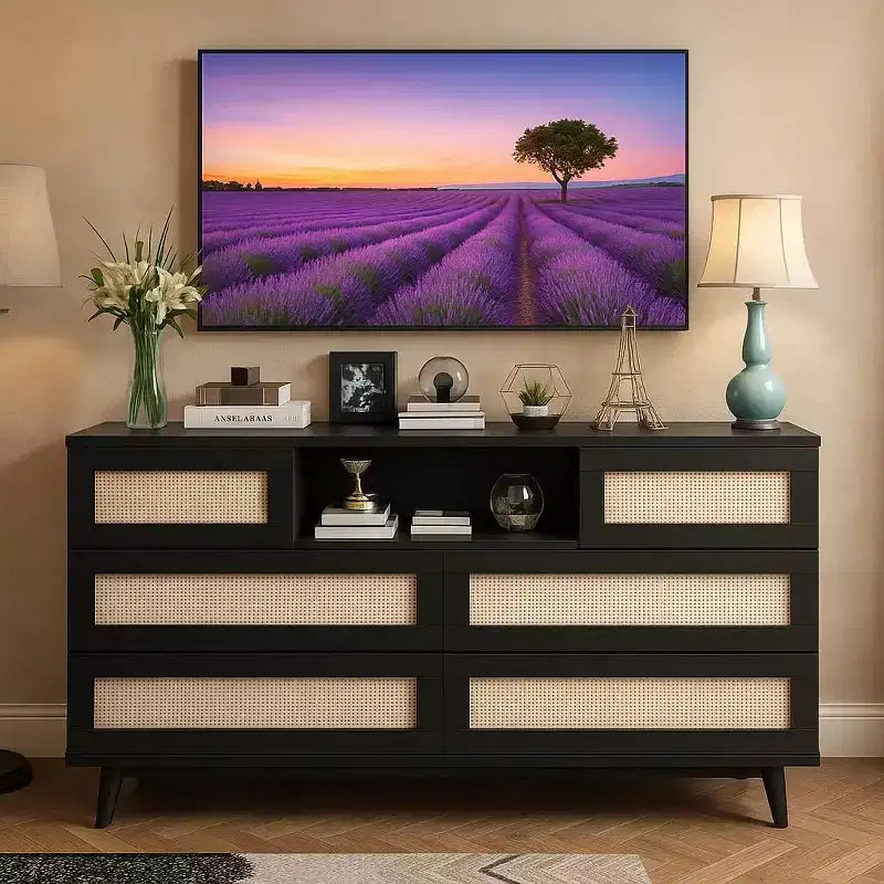 47 Rattan Wooden Dresser with 6 Drawers, Charging Station & LED Lights, Modern Dresser with Open Shelves for Bedroom & Living Room