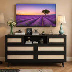 47 Rattan Wooden Dresser with 6 Drawers, Charging Station & LED Lights, Modern Dresser with Open Shelves for Bedroom & Living Room