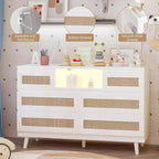 47 Rattan Wooden Dresser with 6 Drawers, Charging Station & LED Lights, Modern Dresser with Open Shelves for Bedroom & Living Room